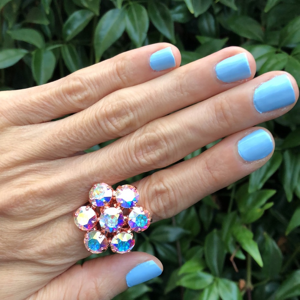 Aurora Borealis + Rose Gold Crystal Flower Statement Cocktail Ring - Picture 6 of 10